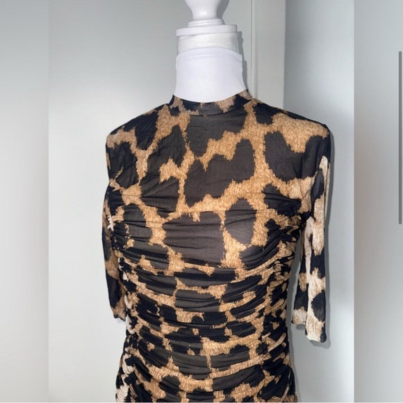 Ganni Ruched Leopard Print Stretch Mesh in Brown/Black/Medium - Picture 4 of 10